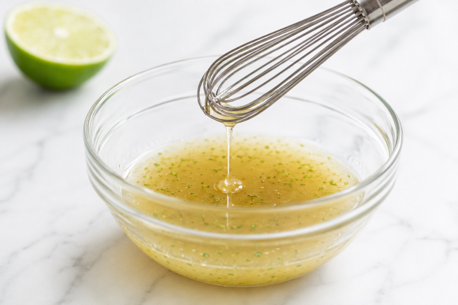 Honey-lime dressing whisked until smooth with fine green flecks of lime zest