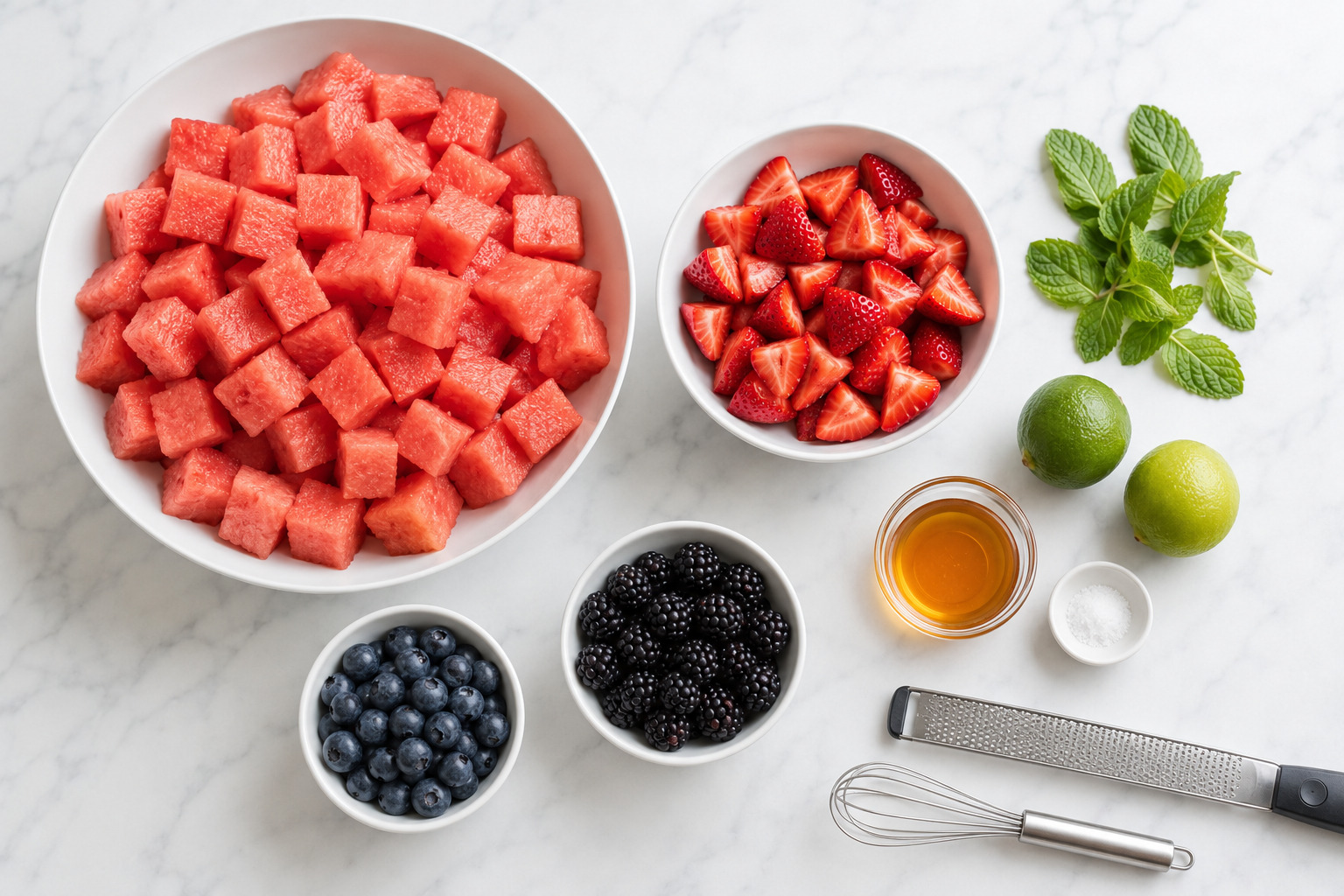 Ingredients for watermelon fruit salad arranged on white marble, including watermelon, berries, honey, lime, mint, and salt