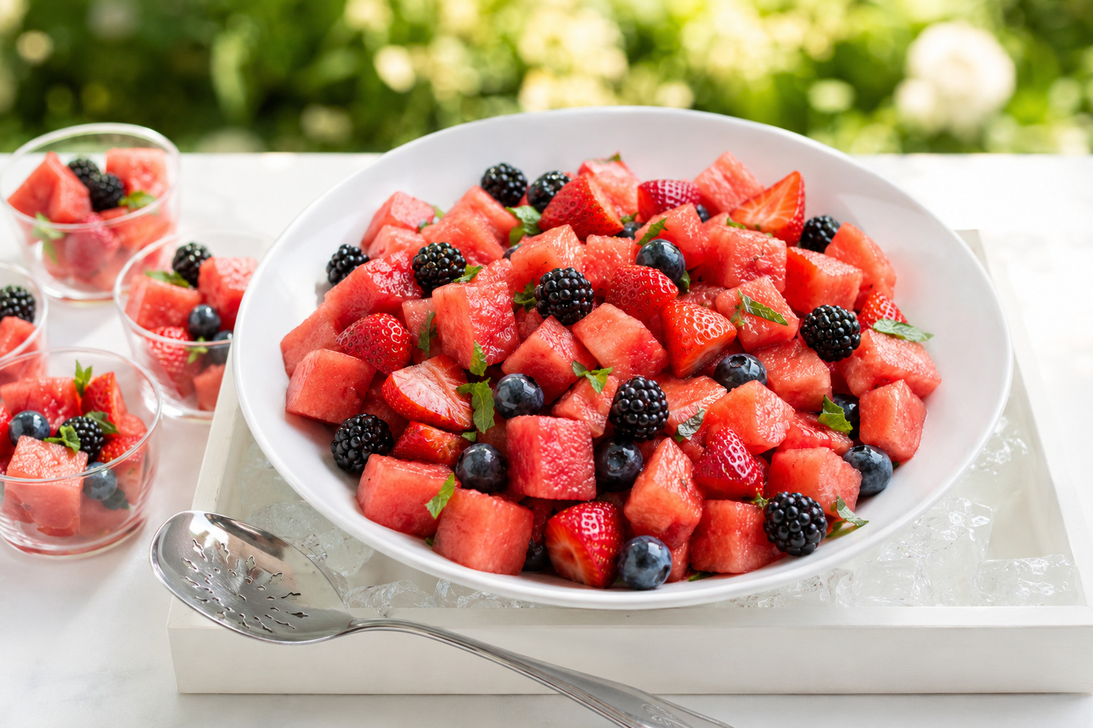 Cold watermelon fruit salad served in a white bowl for a summer picnic