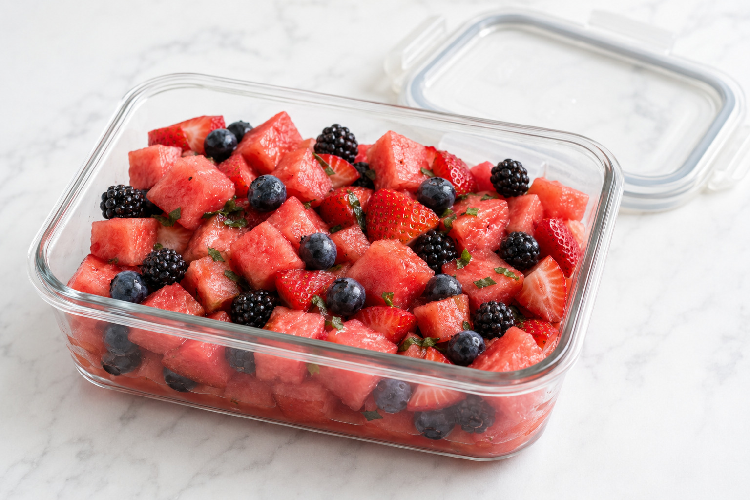 Refrigerated watermelon fruit salad leftovers with a small amount of naturally released juice