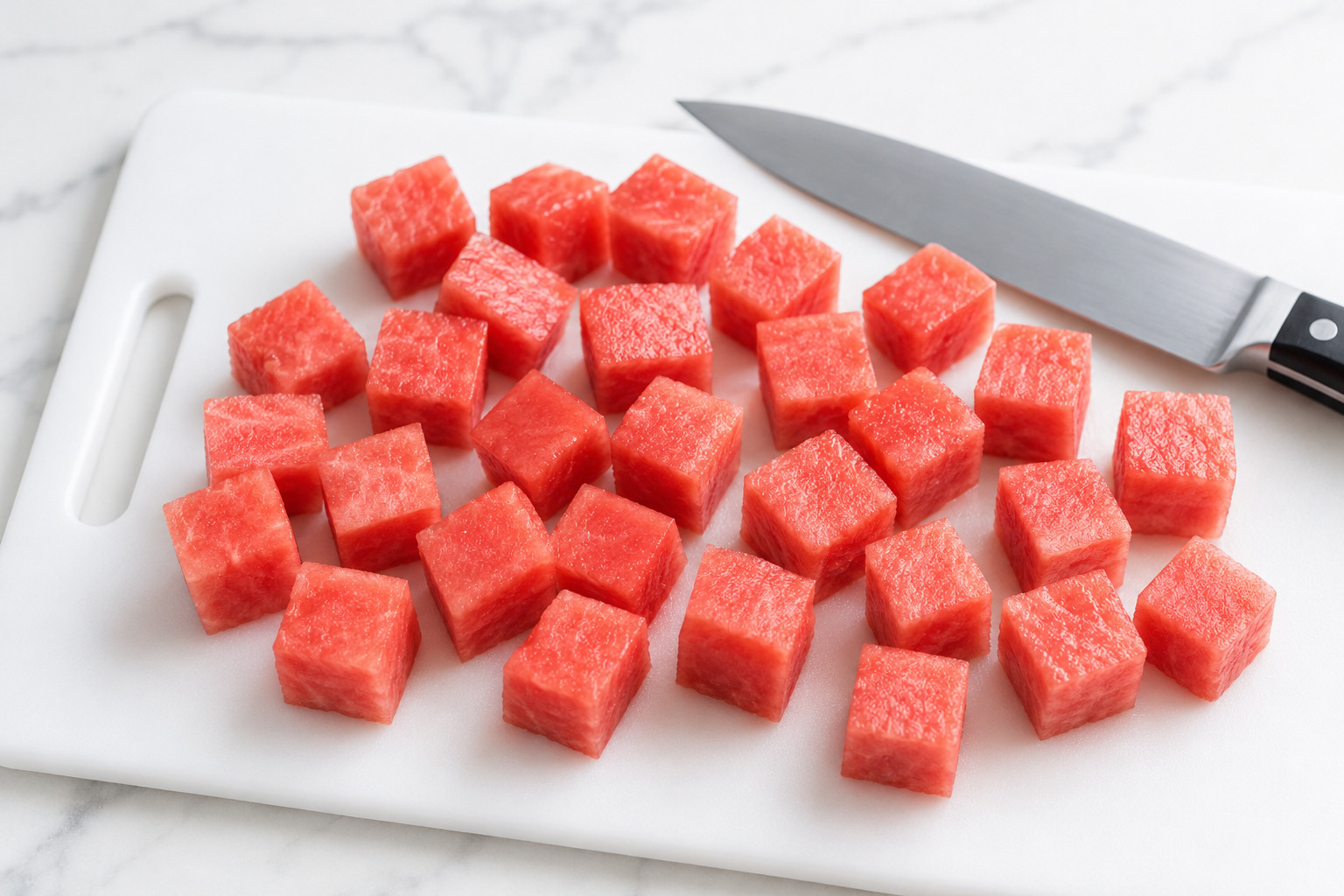 Seedless watermelon cut into uniform 1-inch cubes on a white cutting board