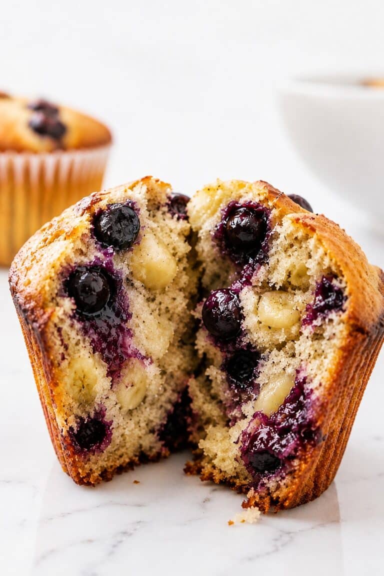 Banana blueberry muffin broken open to show a moist crumb filled with blueberries