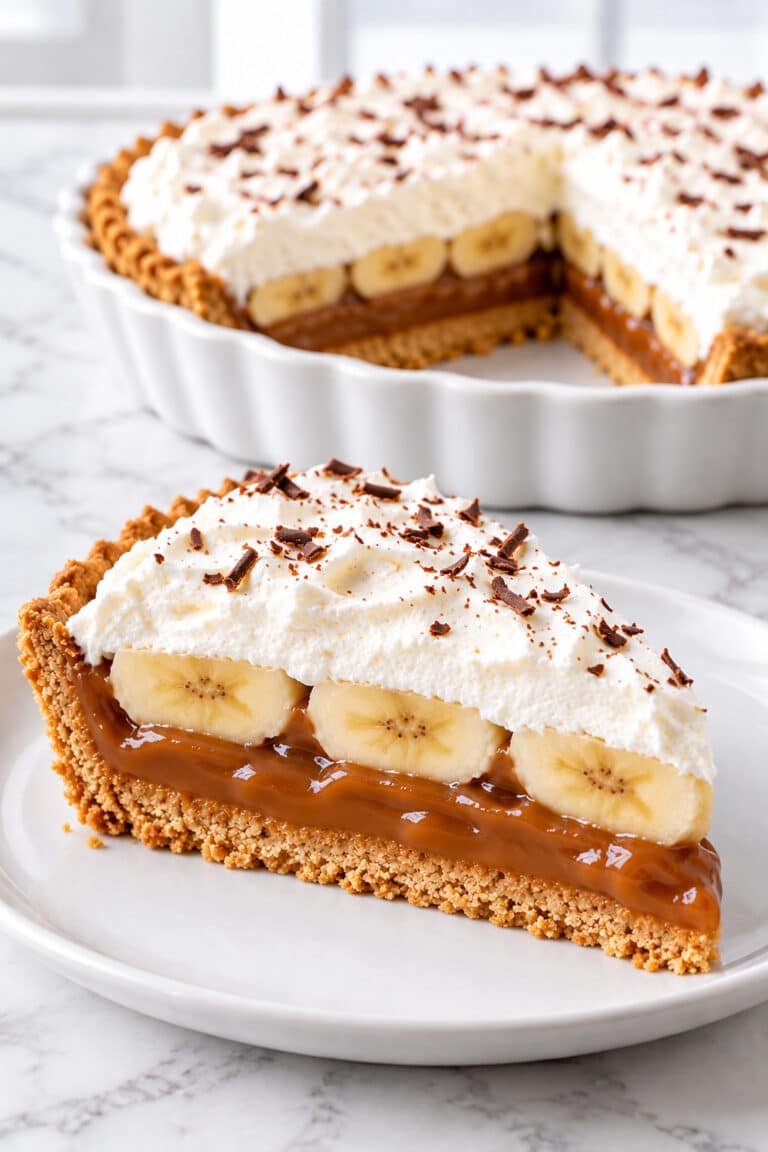 A slice of banoffee pie showing biscuit crust, thick caramel, banana and whipped cream, with the remaining pie behind