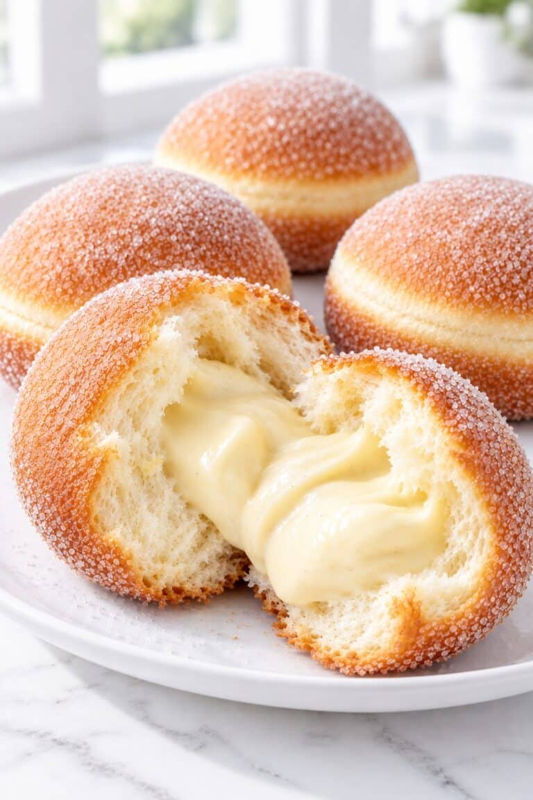Four golden Bomboloni coated in granulated sugar, with one split open to show pale vanilla pastry cream.