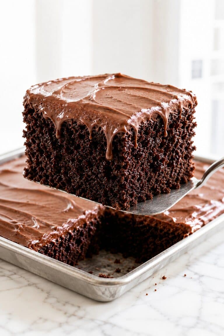 A large slice of moist chocolate sheet cake lifted from a frosted metal baking pan