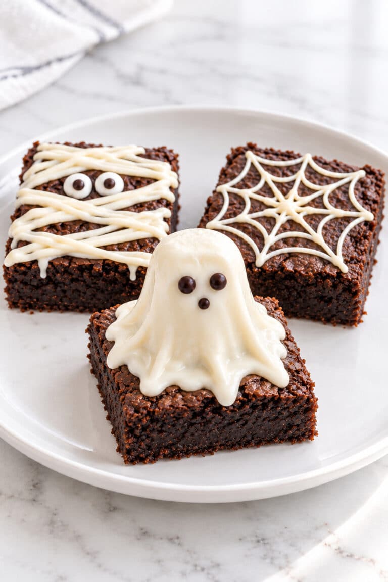 Halloween brownies decorated with a white chocolate marshmallow ghost, mummy bands, and a piped spiderweb.