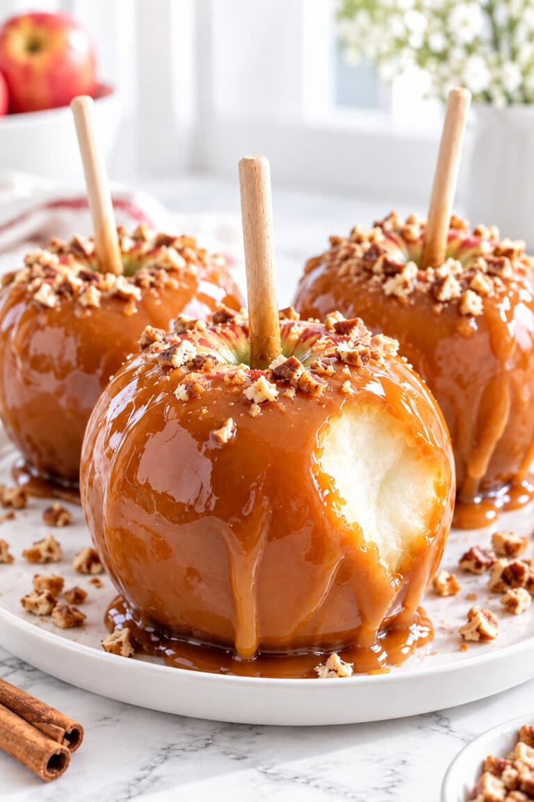 Glossy homemade caramel apples topped with chopped nuts, with a bite revealing the crisp apple inside.