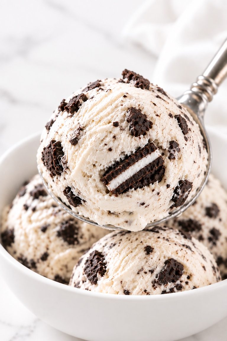 Close-up of homemade Oreo ice cream with creamy scoops and crunchy Oreo cookie pieces in a white ceramic bowl.