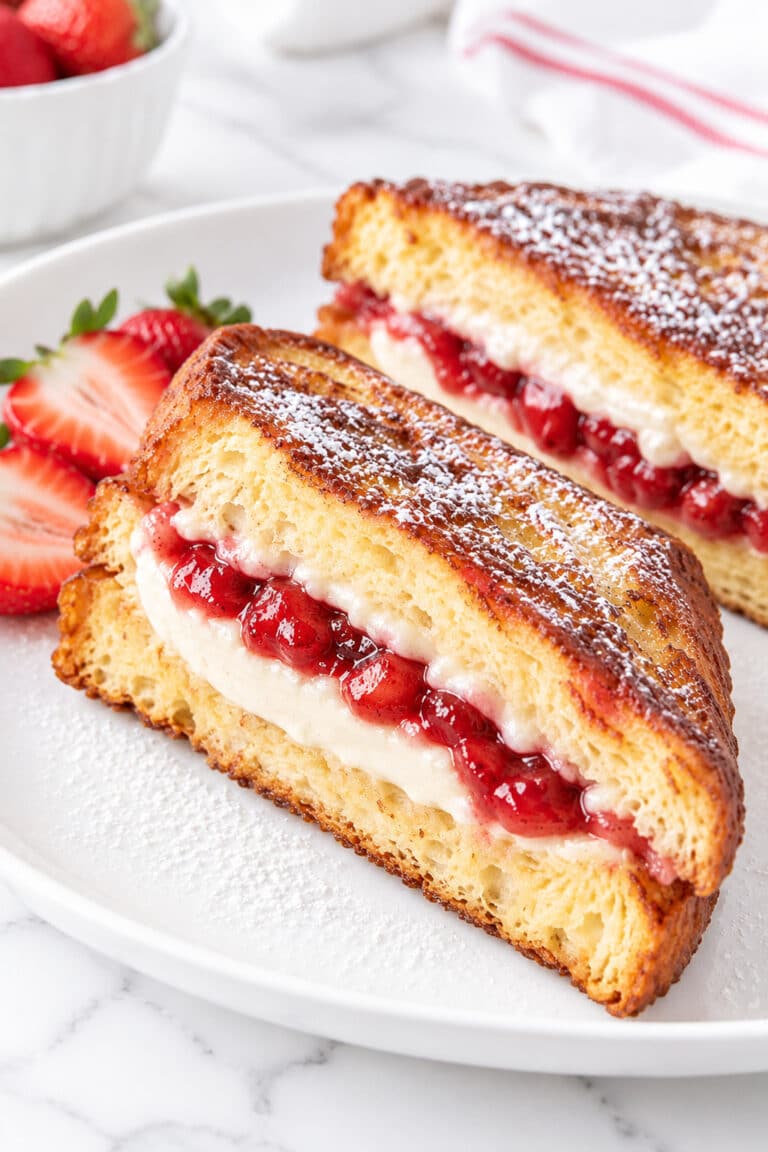 Two golden stuffed French toast halves with vanilla cream cheese and strawberry preserves, served with sliced strawberries and confectioners' sugar.