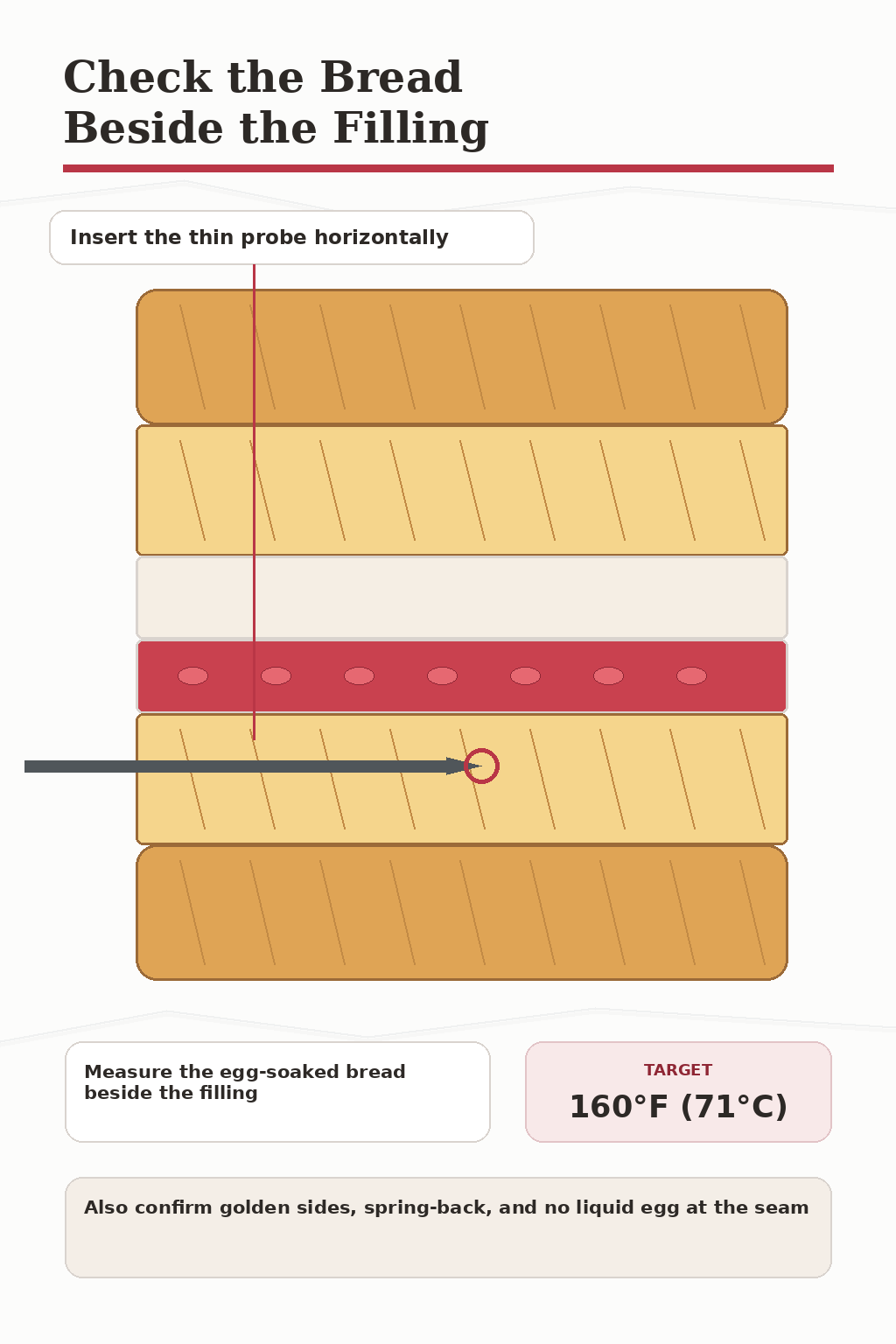 Cutaway guide showing a thermometer inserted horizontally into the egg-soaked bread beside the filling, with a target of 160 degrees Fahrenheit or 71 degrees Celsius.
