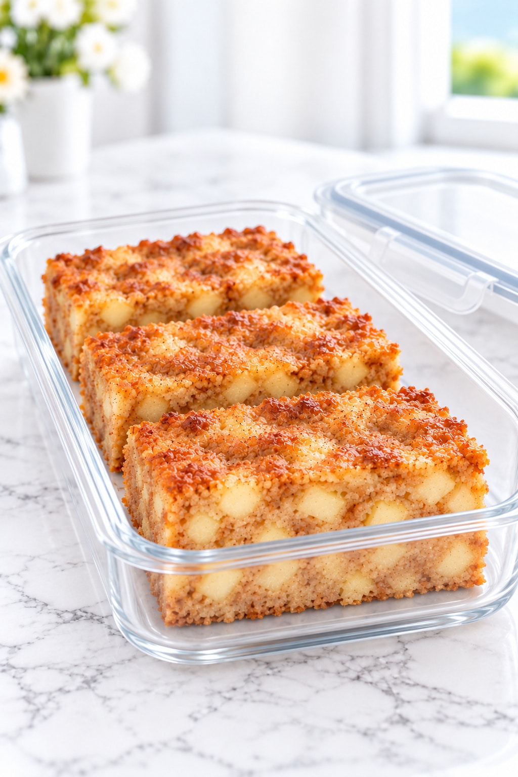 Three plain apple brownies in a clear storage container with its lid placed beside it.