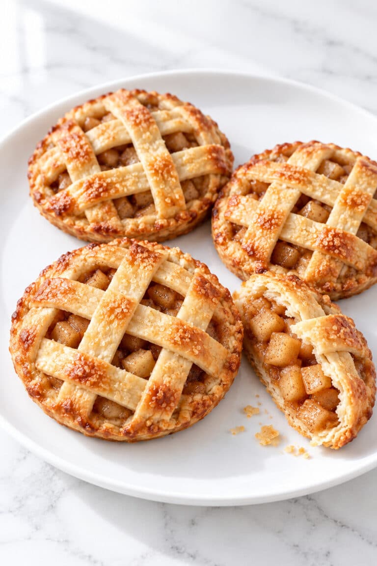 Golden apple pie cookies with lattice tops and an opened piece on a white plate.