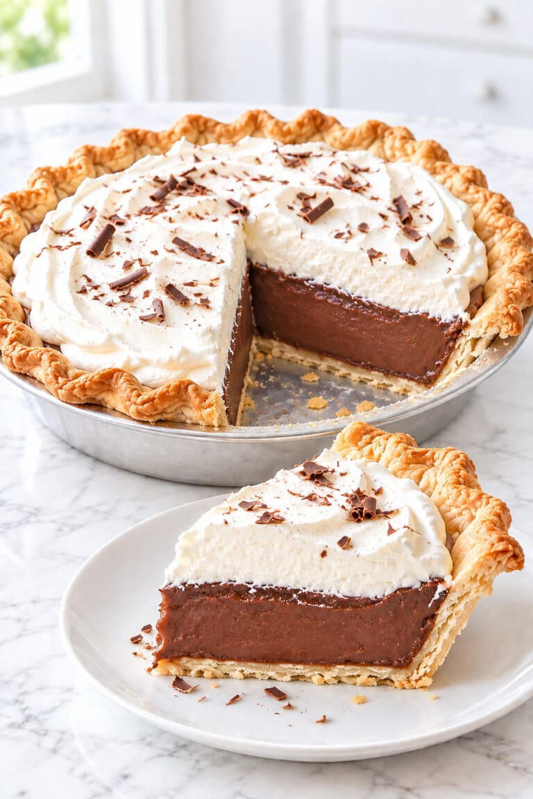 Chocolate cream pie in a metal pan with a slice on a white plate, showing golden pastry, chocolate custard and whipped cream.