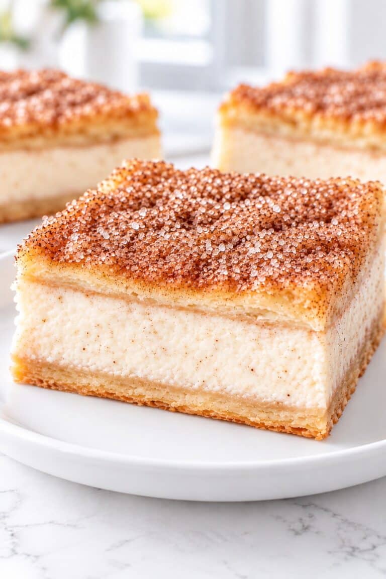 Close-up of a churro cheesecake bar with cinnamon cream cheese filling between golden pastry layers.