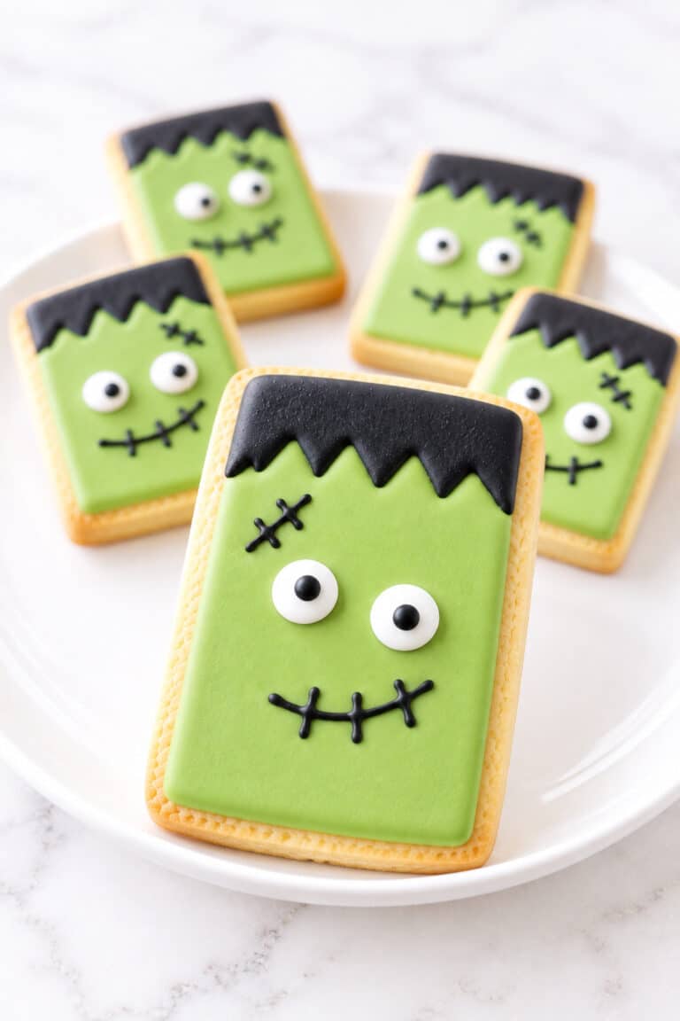 Frankenstein cookies with green icing, black jagged hair, candy eyes, and stitched smiles on a white plate.