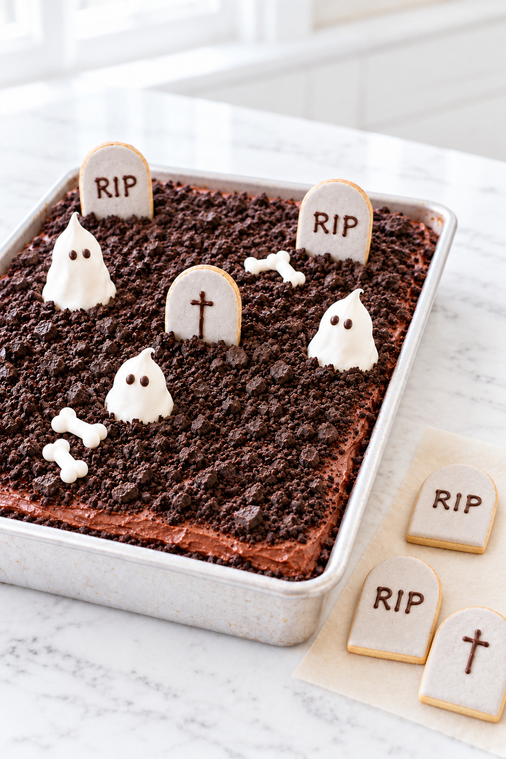 Graveyard cake with tombstones anchored through cookie crumbs into frosting and cake