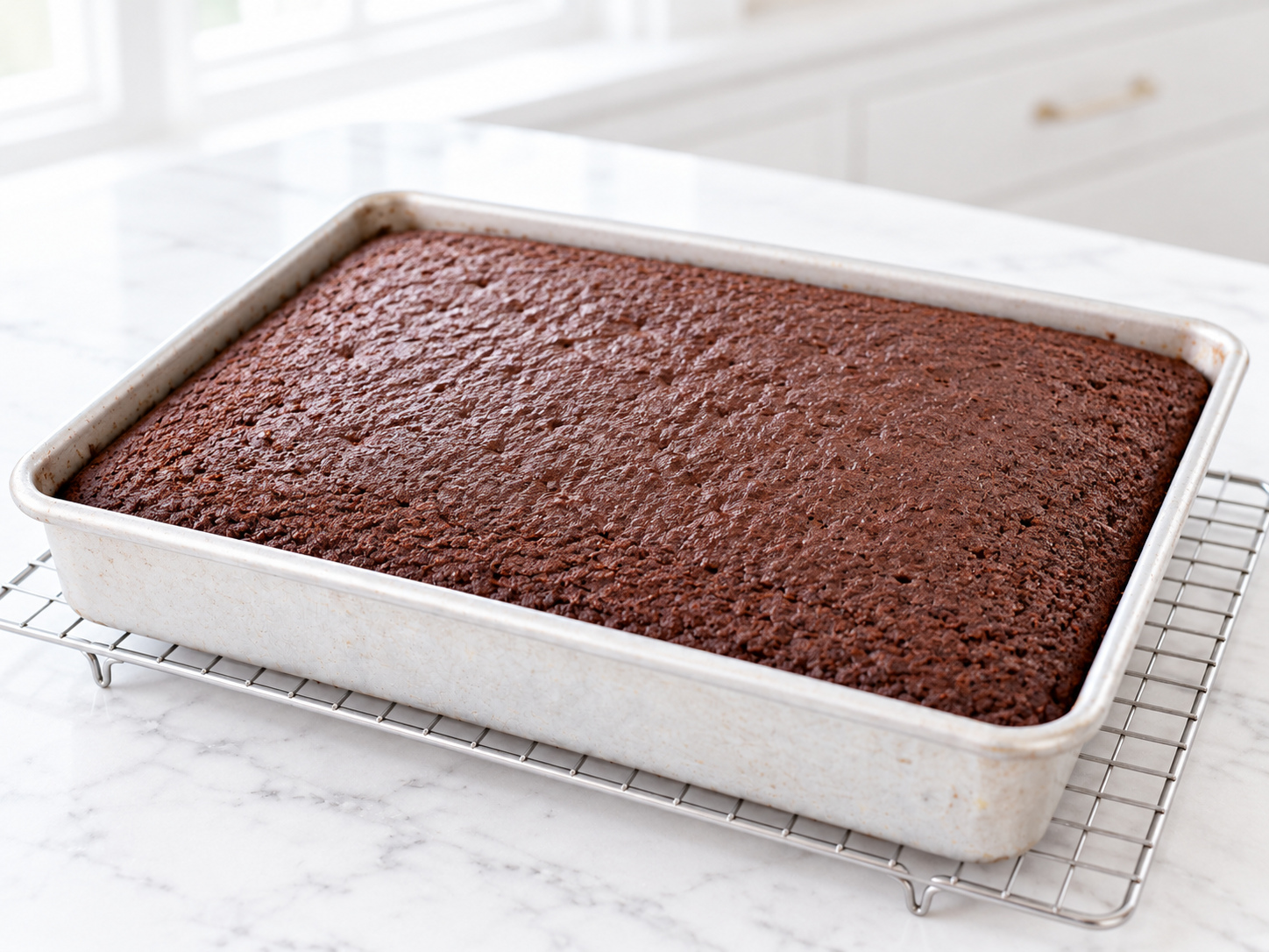 Baked chocolate sheet cake cooling in a rectangular metal pan