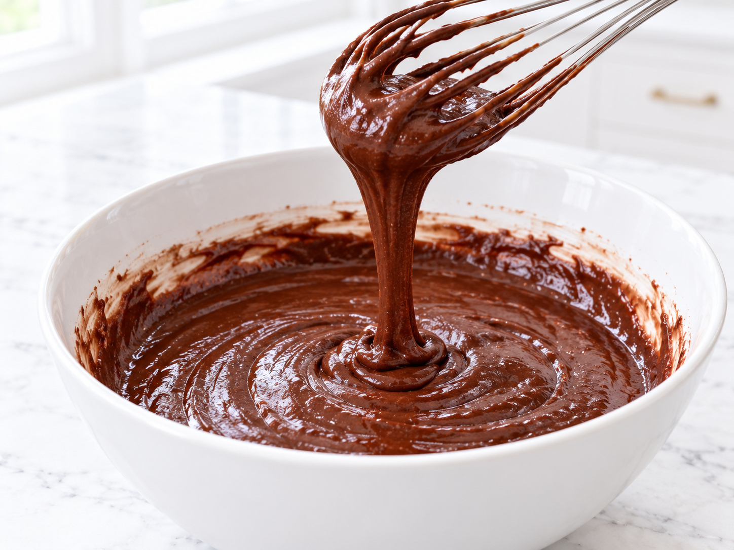 Smooth dark chocolate cake batter in a mixing bowl