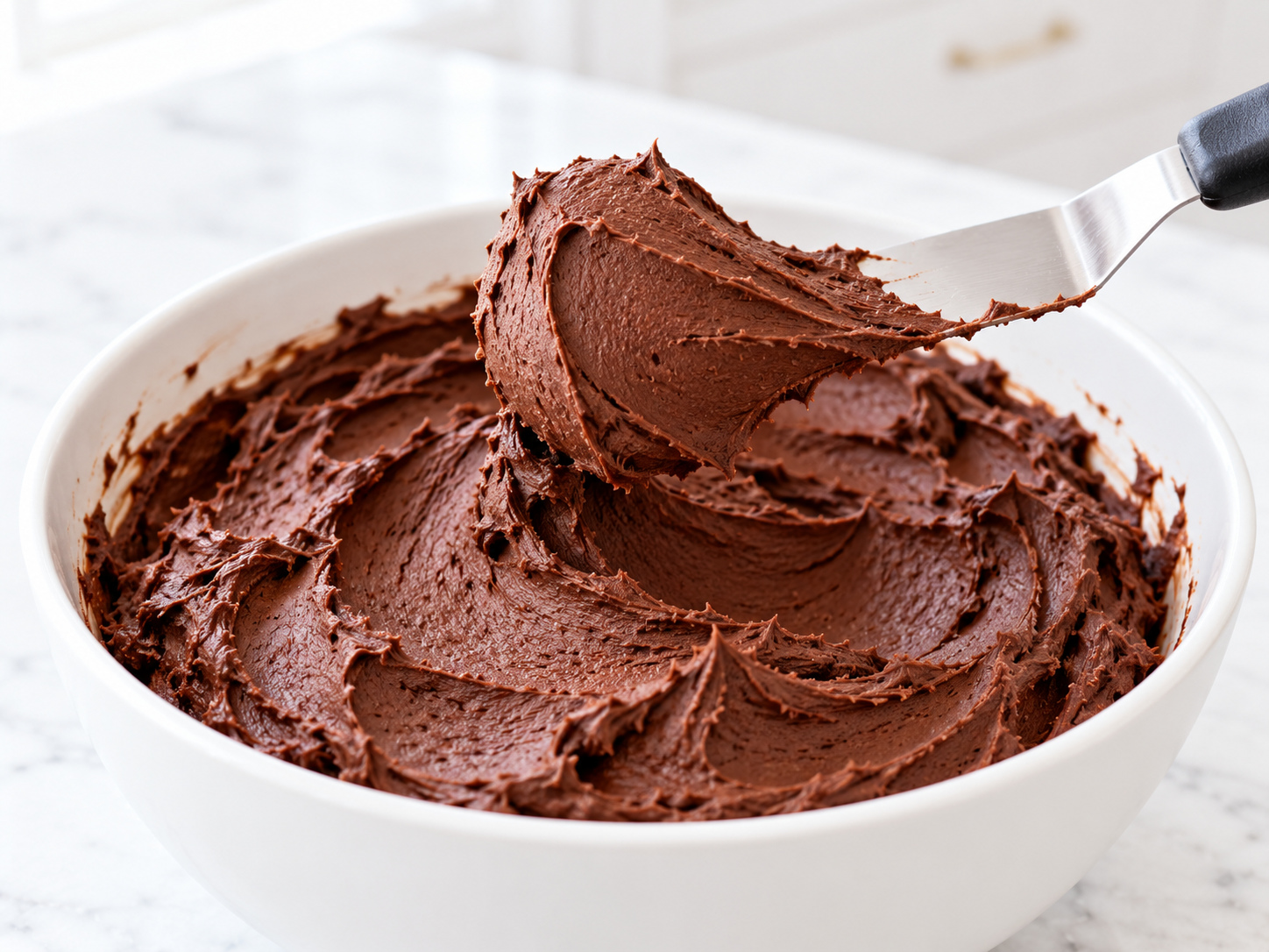 Creamy dark chocolate buttercream in a mixing bowl