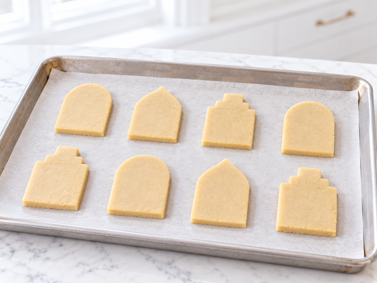 Eight pale shortbread tombstone shapes arranged on parchment before baking