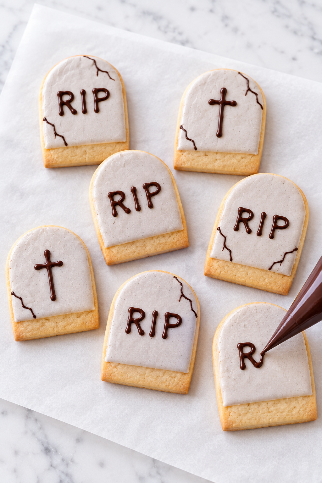Shortbread tombstones with pale gray icing, dark lettering, and bare lower edges