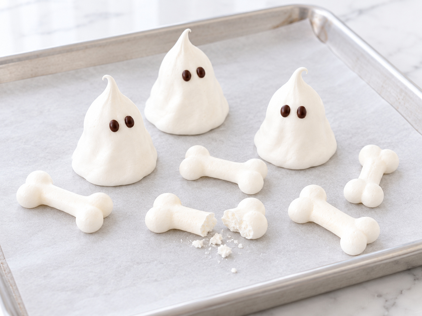 Dry white ghost meringues with simple dark eyes on a parchment-lined tray