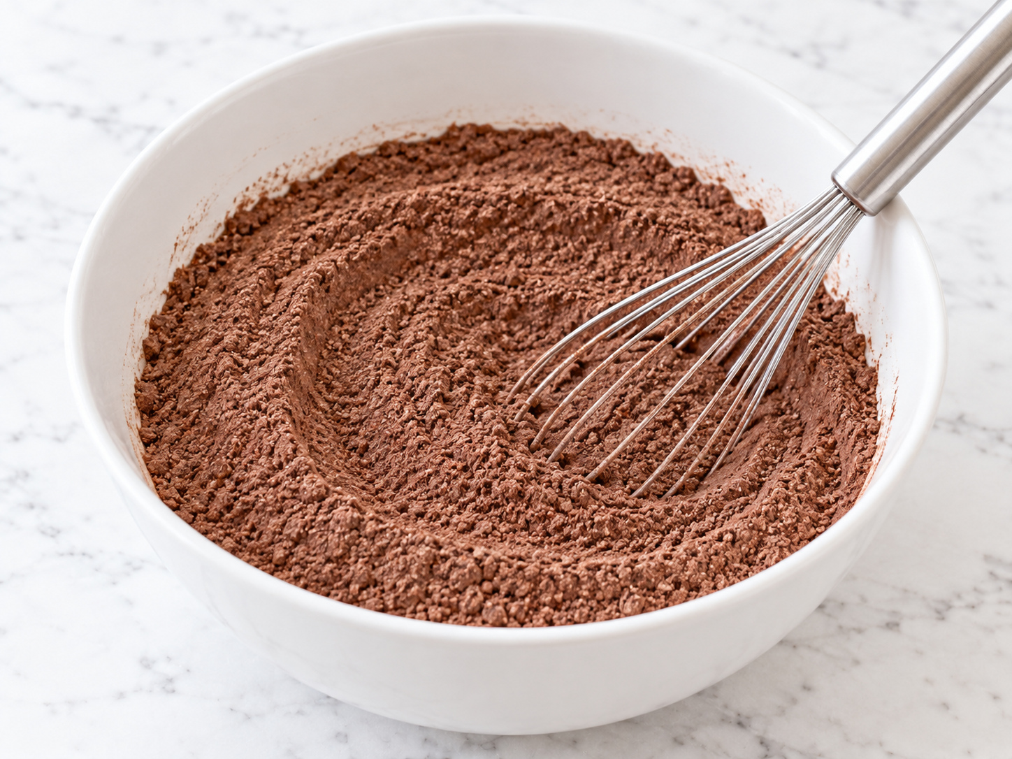 Cocoa, flour, and other dry chocolate cake ingredients whisked in a bowl