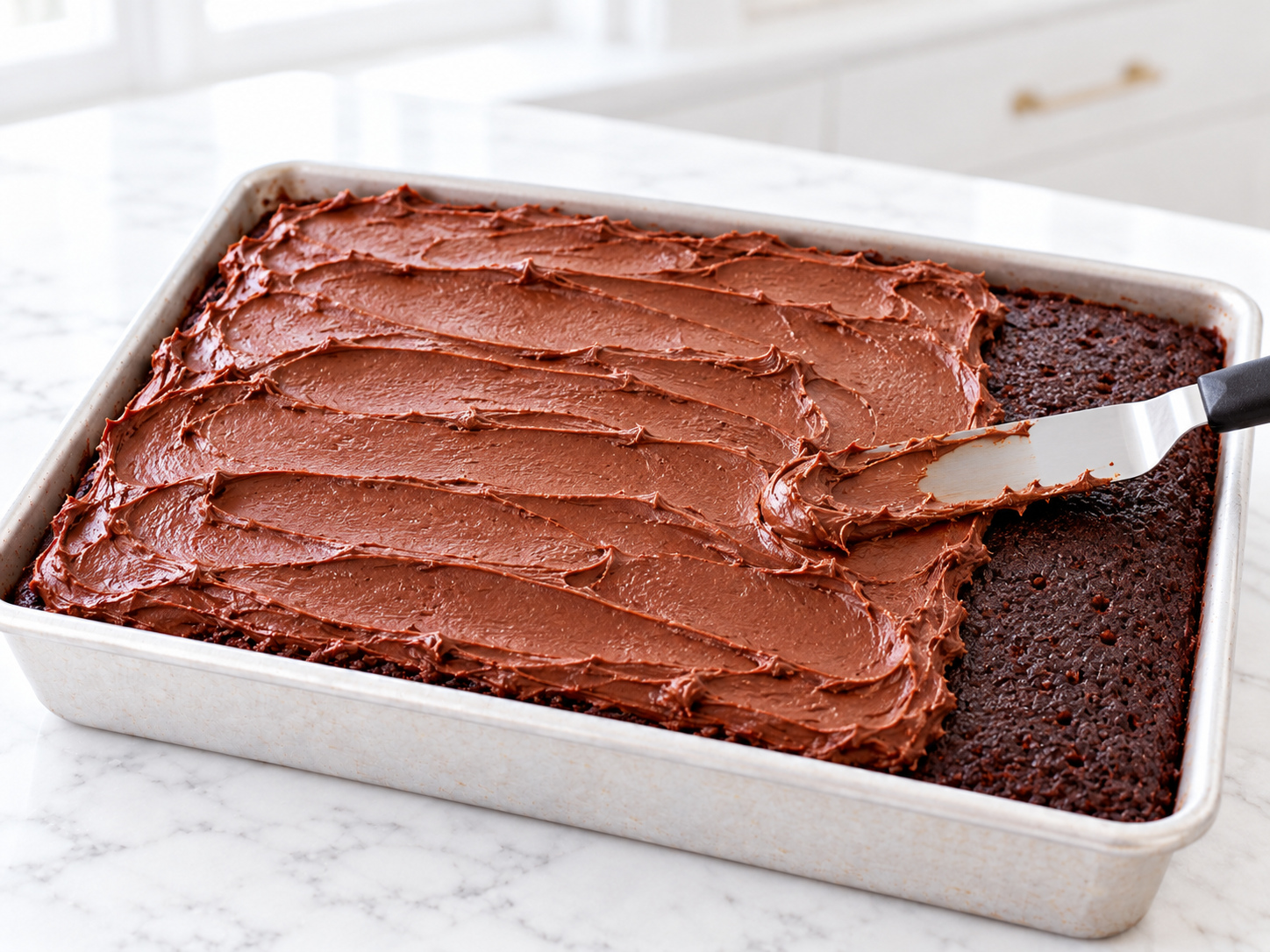 Chocolate buttercream being spread over a cooled sheet cake in its pan