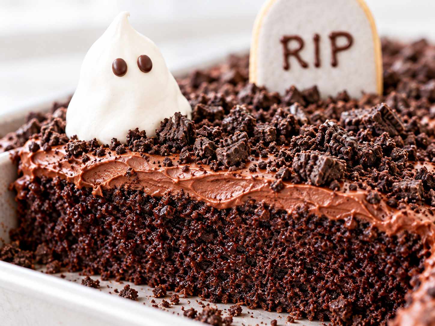 Close-up of the moist chocolate crumb and creamy frosting in a graveyard cake slice
