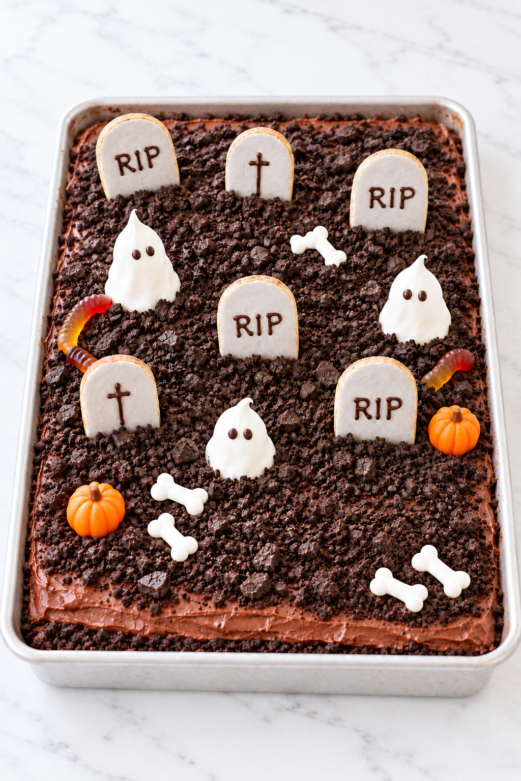 Overhead view of a complete graveyard cake with six tombstones and three meringue ghosts