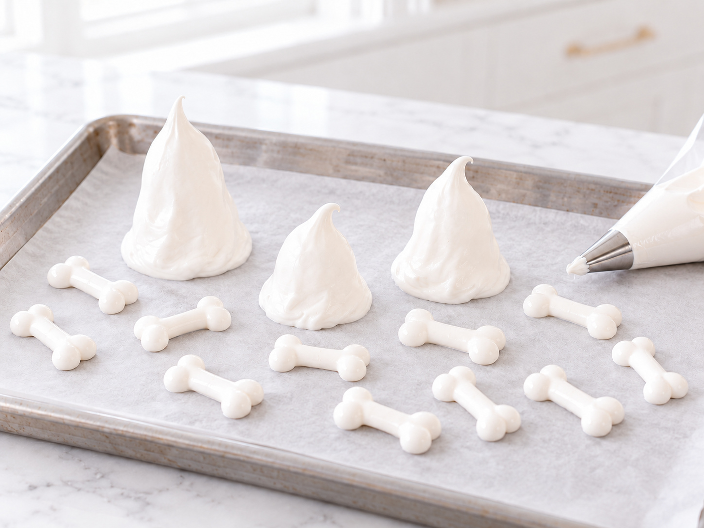 Plain white ghost meringues piped on parchment before drying, without facial details