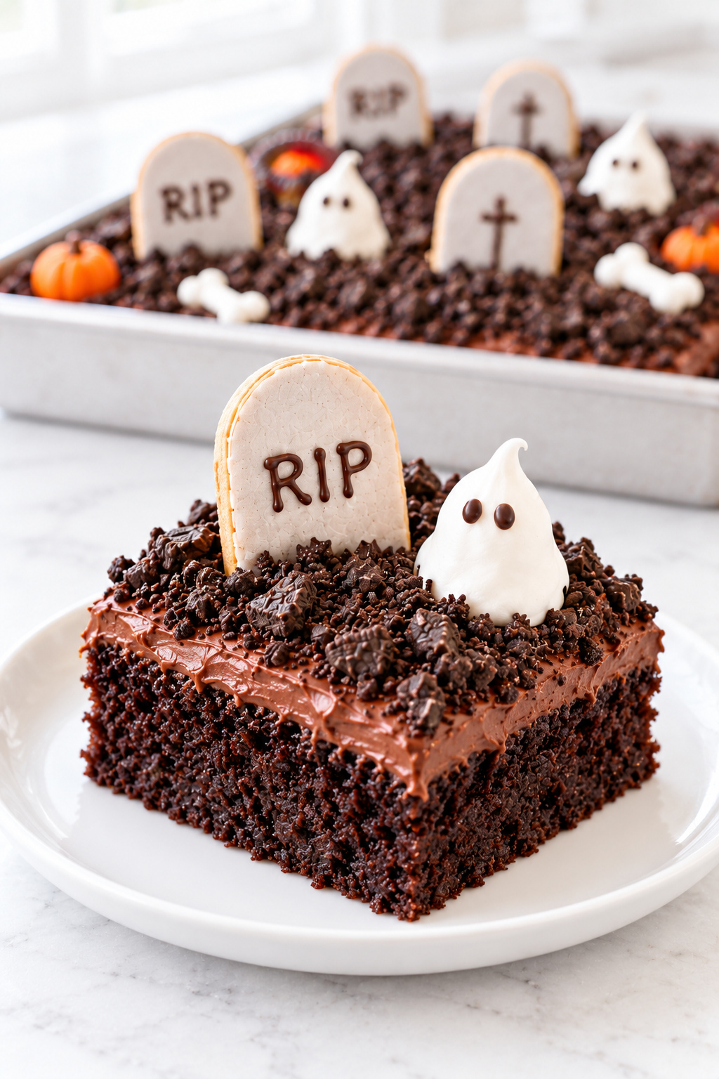 A square of chocolate graveyard cake on a white plate with a tombstone cookie, meringue ghost, and bones