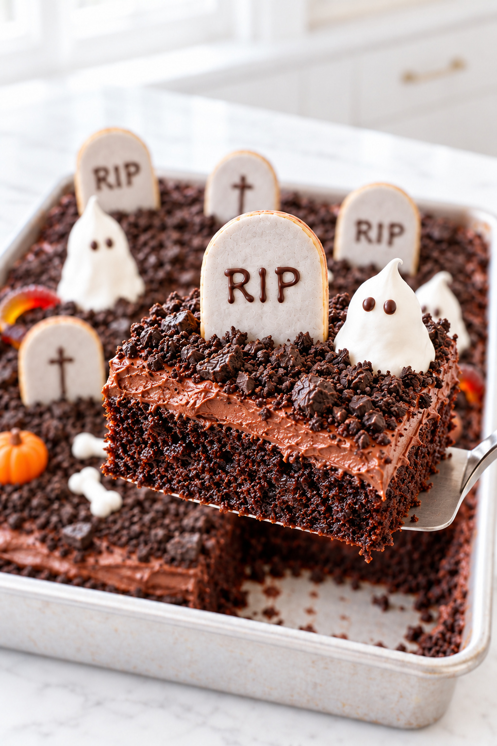 A slice lifted from the graveyard cake showing its moist dark chocolate crumb