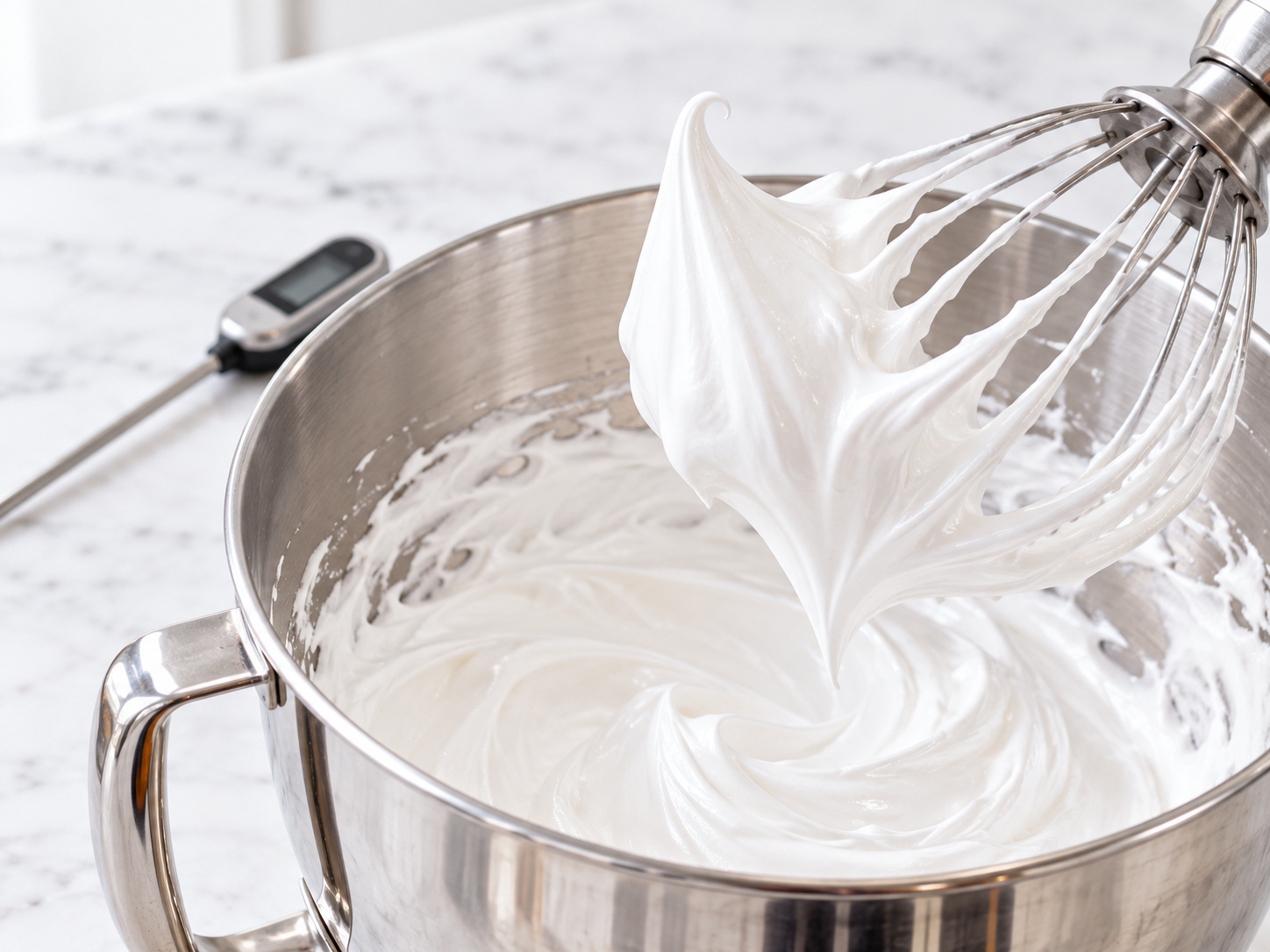 Glossy white Swiss meringue whipped to stiff peaks in a mixer bowl