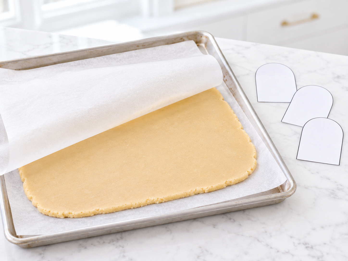 Pale shortbread dough rolled between parchment sheets beside paper tombstone templates