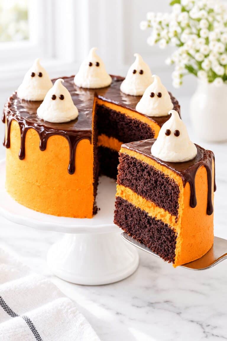 Orange Halloween cake with chocolate ganache, buttercream ghosts, and a lifted slice showing two chocolate layers.
