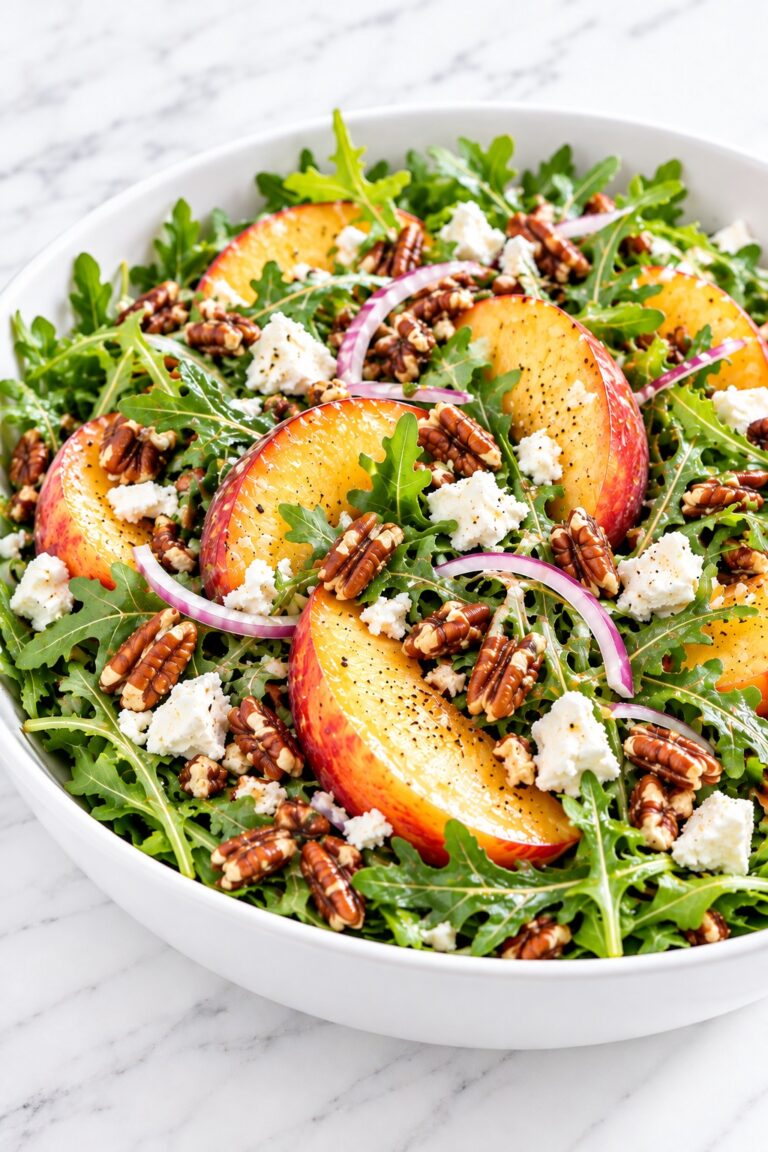 Peach salad with arugula, feta, toasted pecans and red onion in a white serving bowl
