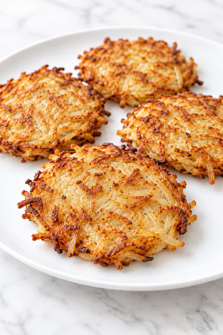 Four golden potato pancakes with crisp shredded edges arranged on a white plate.