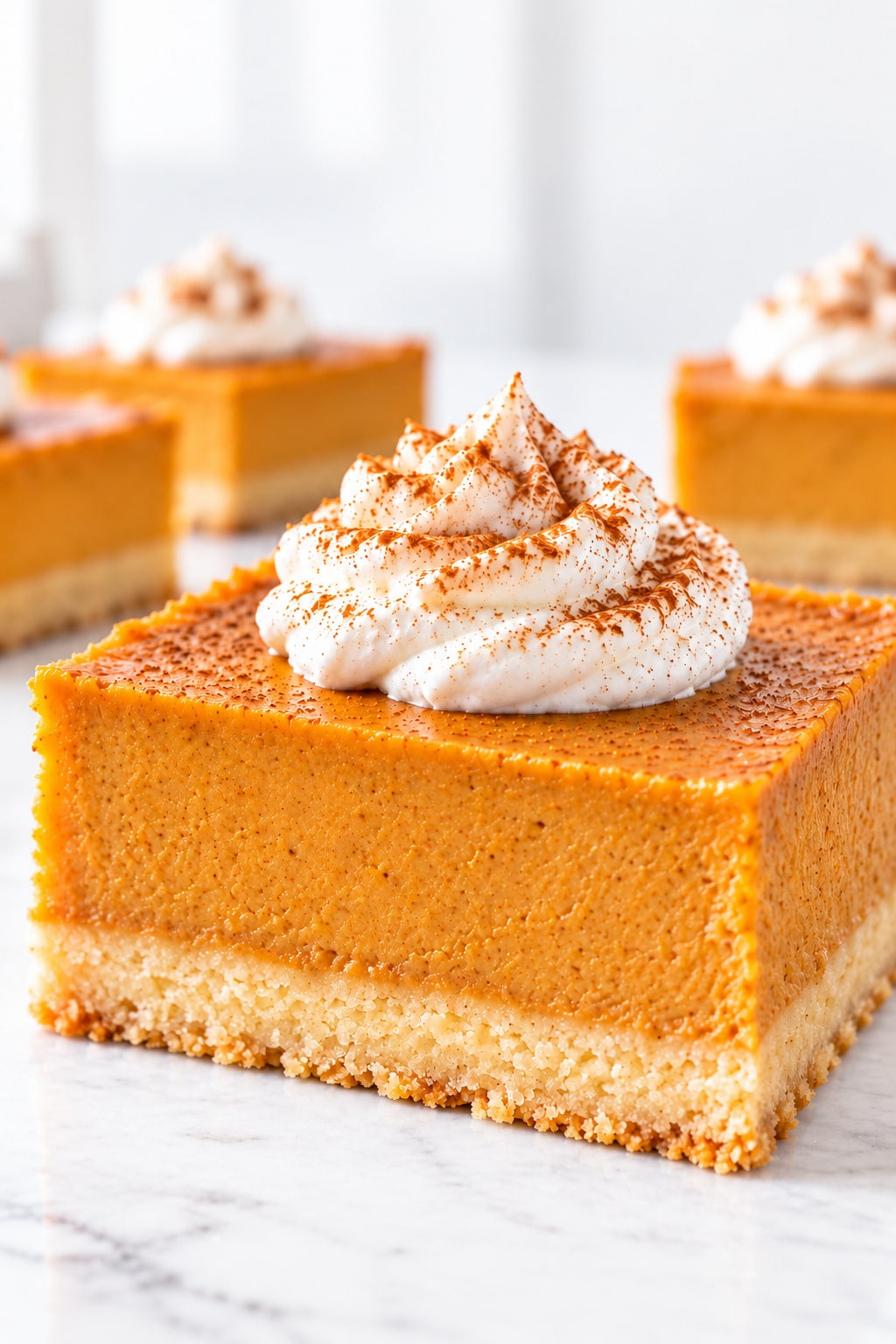 Pumpkin pie bars with golden shortbread crust and cinnamon-dusted whipped cream on white marble.